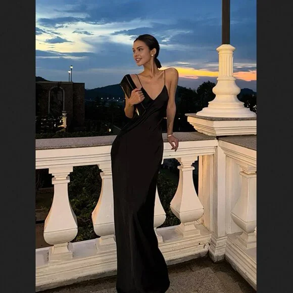 Commense | Dresses | Commense Large Black V Neck Backless Satin Maxi Dress Minimalist New Nwt | Poshmark Commense | Dresses | Commense Large Black V Neck Backless Satin Maxi Dress Minimalist New Nwt | Poshmark